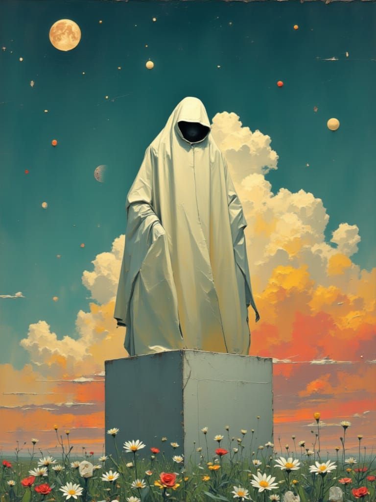 Linen Spectre on Concrete Cube in Cinematic Style