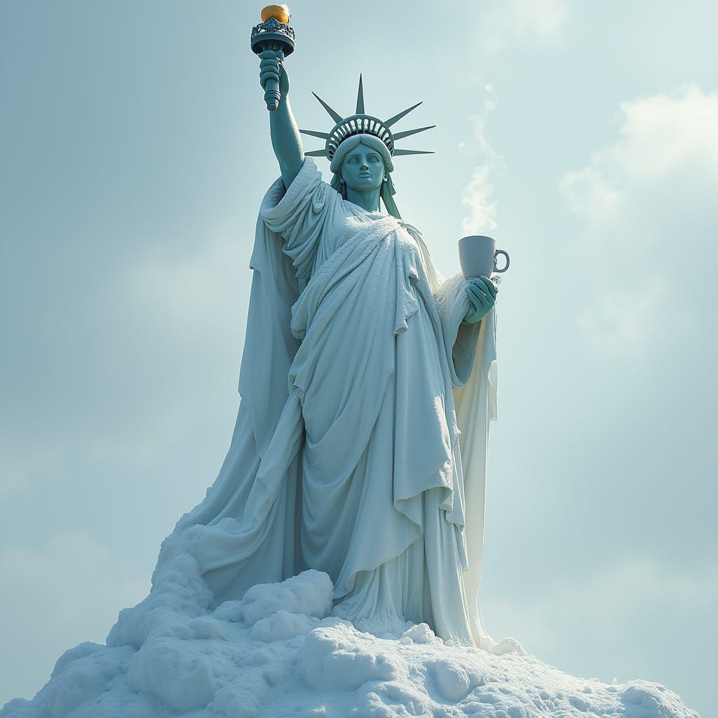 Statue of Liberty in Winter Wonderland, Steaming Coffee in H...