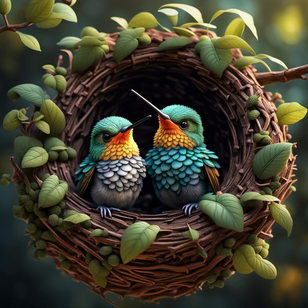 Kawaii Hummingbird Chicks in a Nest