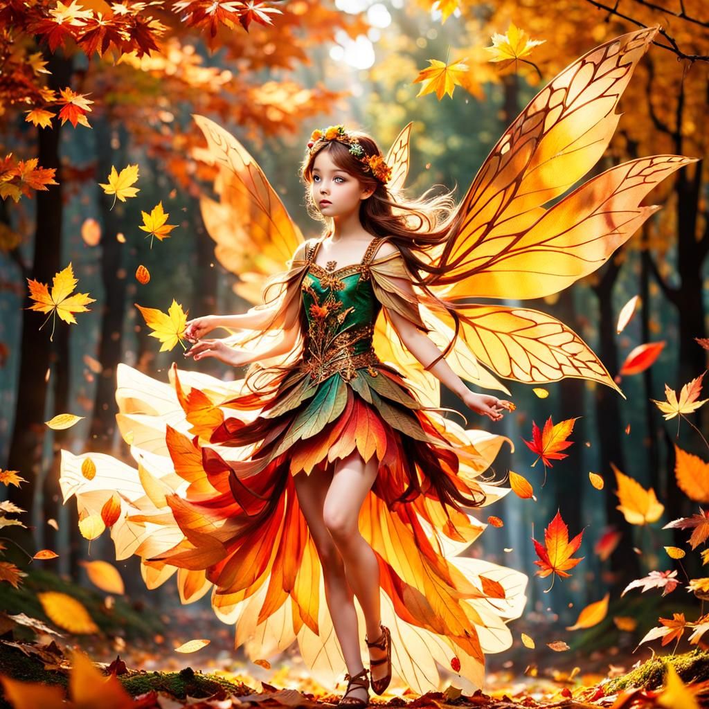 Autumn Fairy Dancing in Falling Leaves