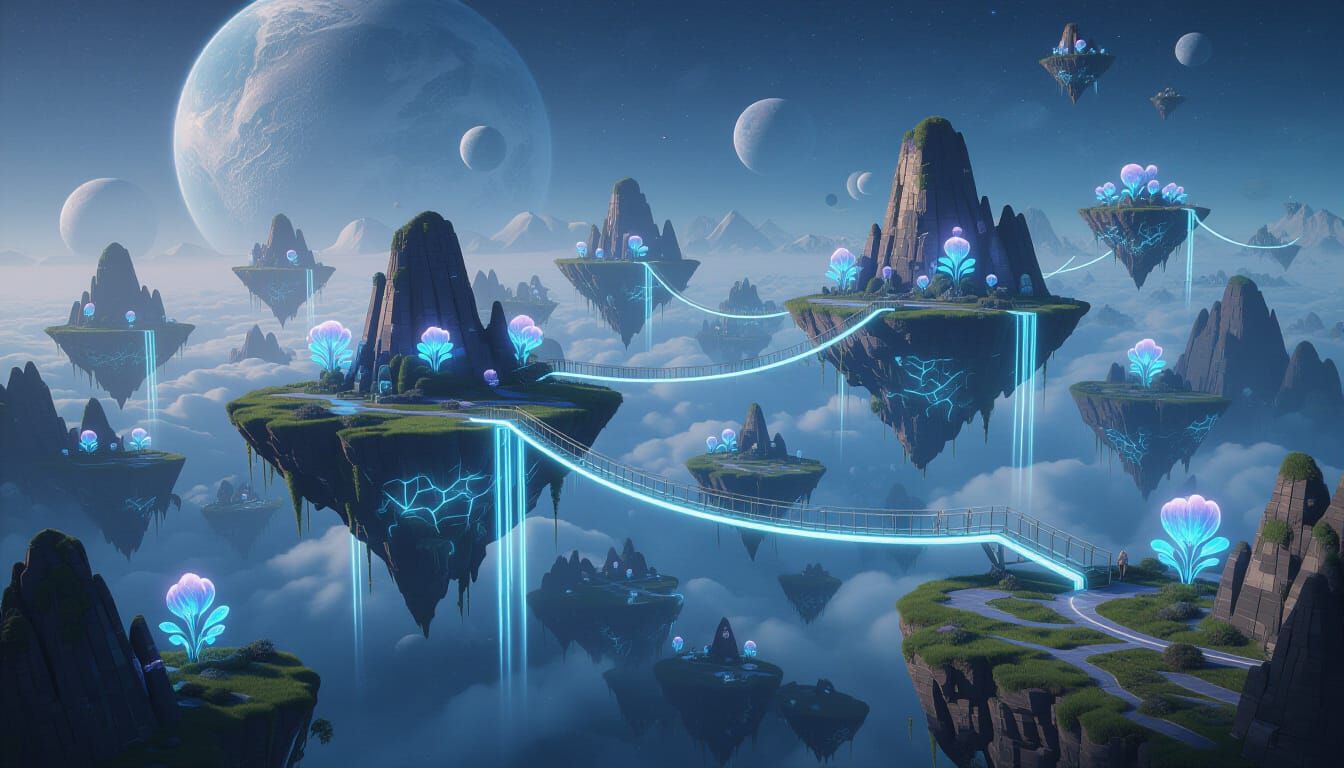 Surreal Dreamscape with Floating Islands and Light Bridges