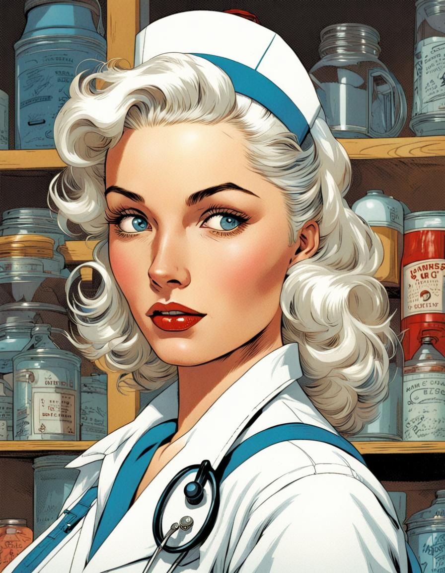 1950s Nurse with Blue Eyes in Comic Book Art
