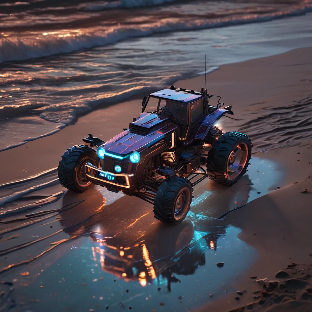 Breathtaking 3D Anime Hologram of a Traktor on the Beach