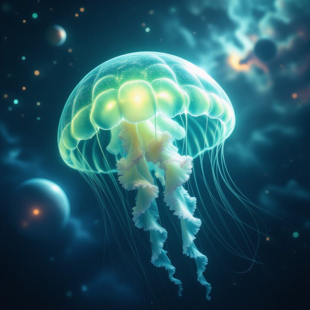 Glowing Green Jellyfish in Cosmic Cyberpunk Style