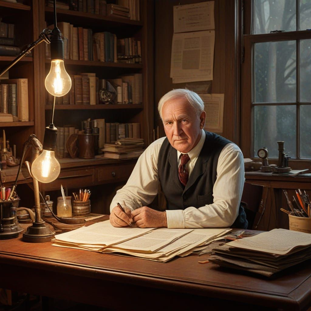 Thomas Edison Working on the Light Bulb in a Warm, Golden Gl...