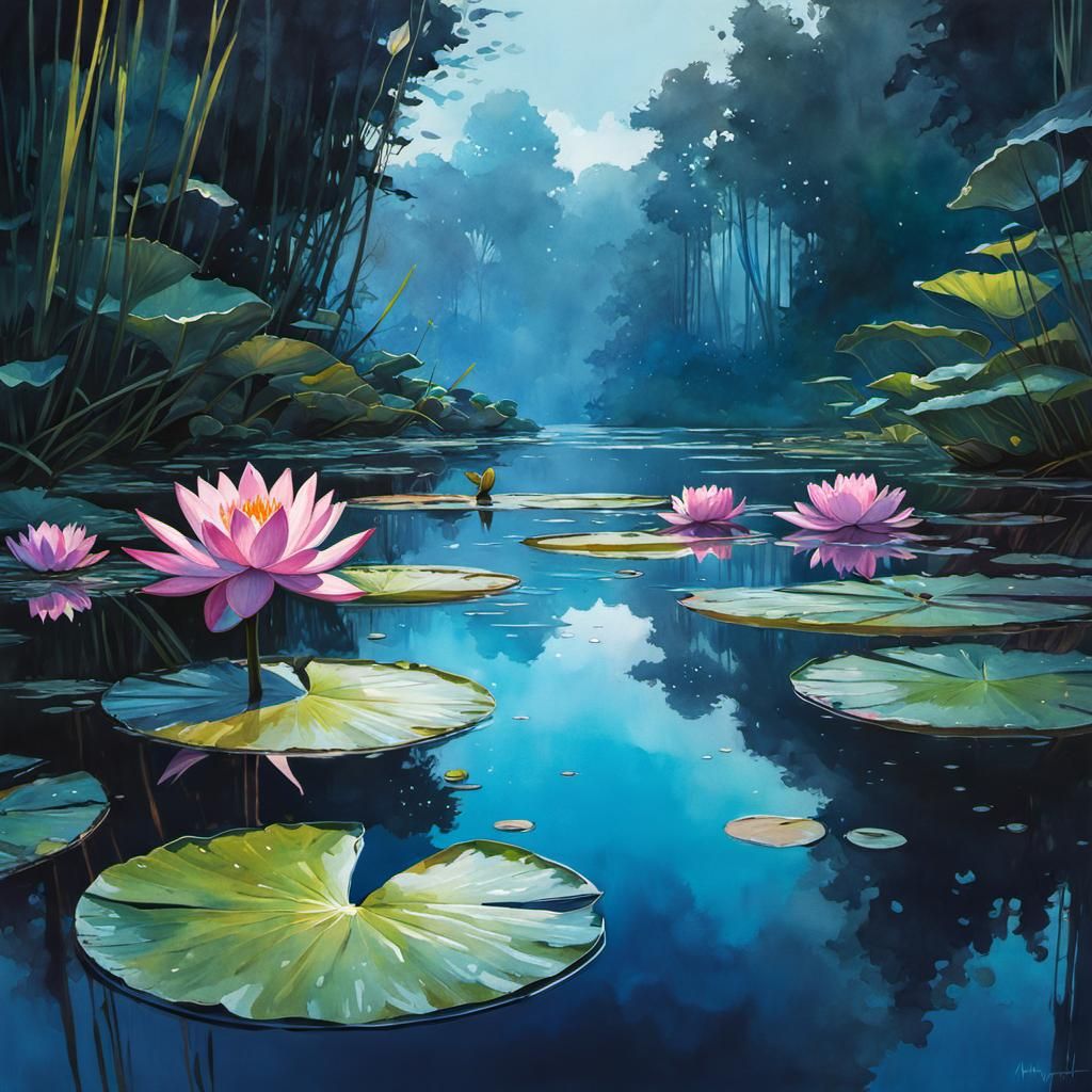 Midnight Water Lily Reflection: Watercolor Concept Art