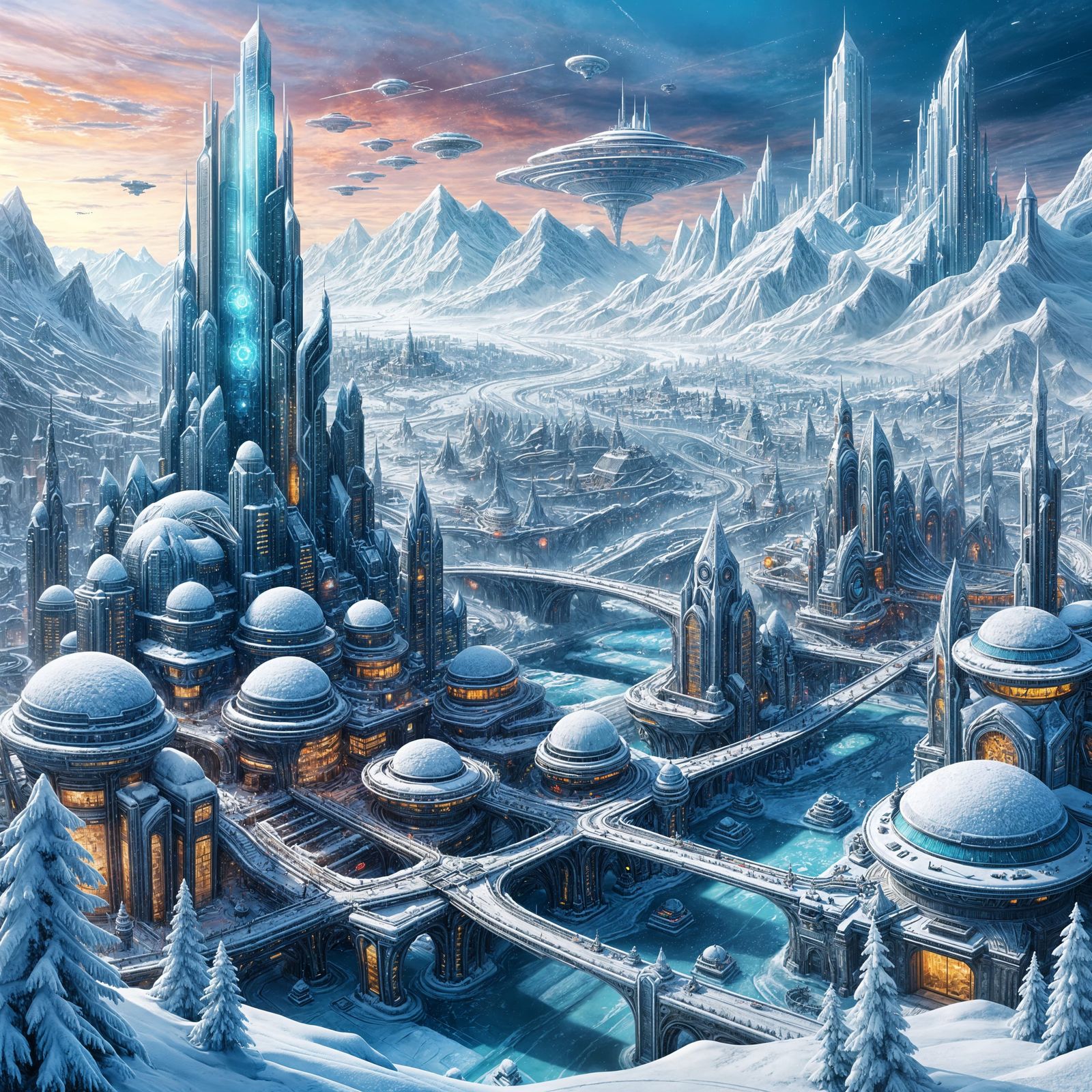 Icy Sci-Fi Cityscape with Intricate Details