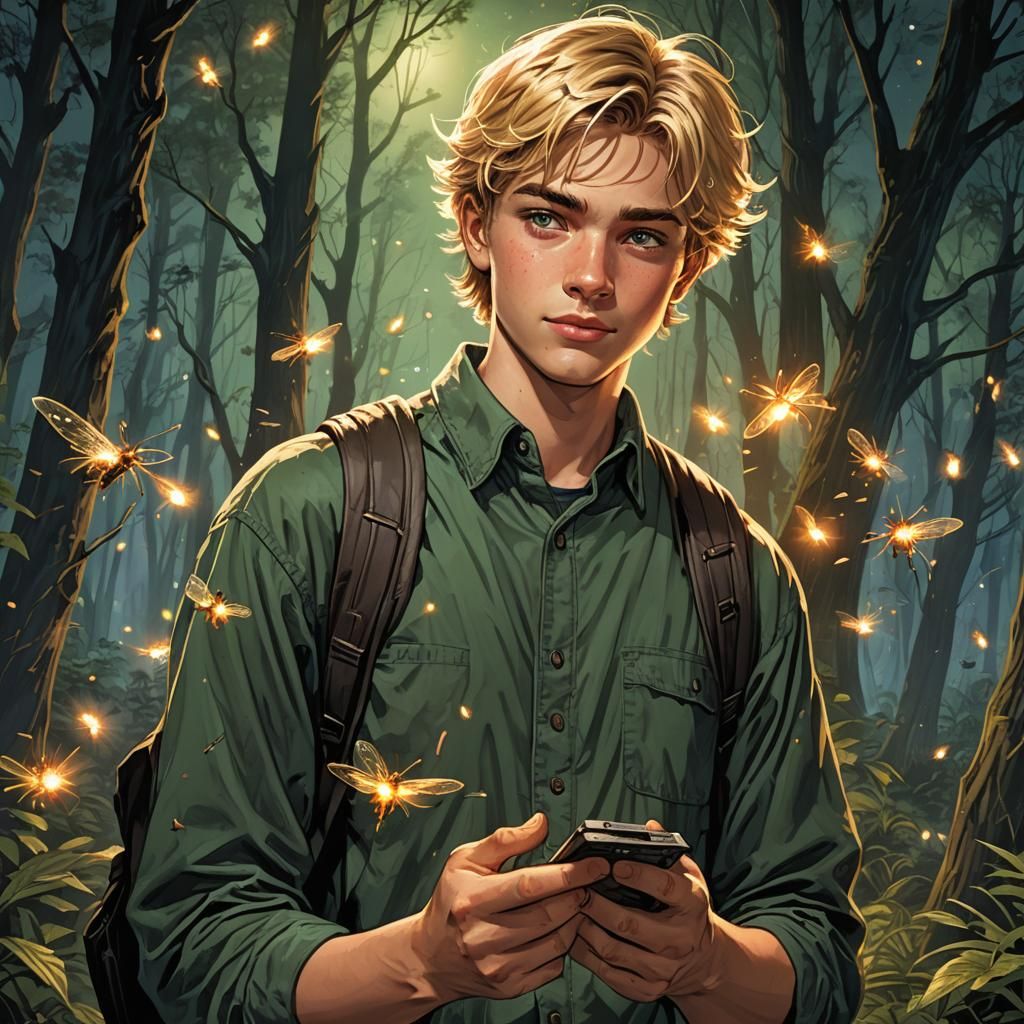 A young man surrounded by fireflies in the forest