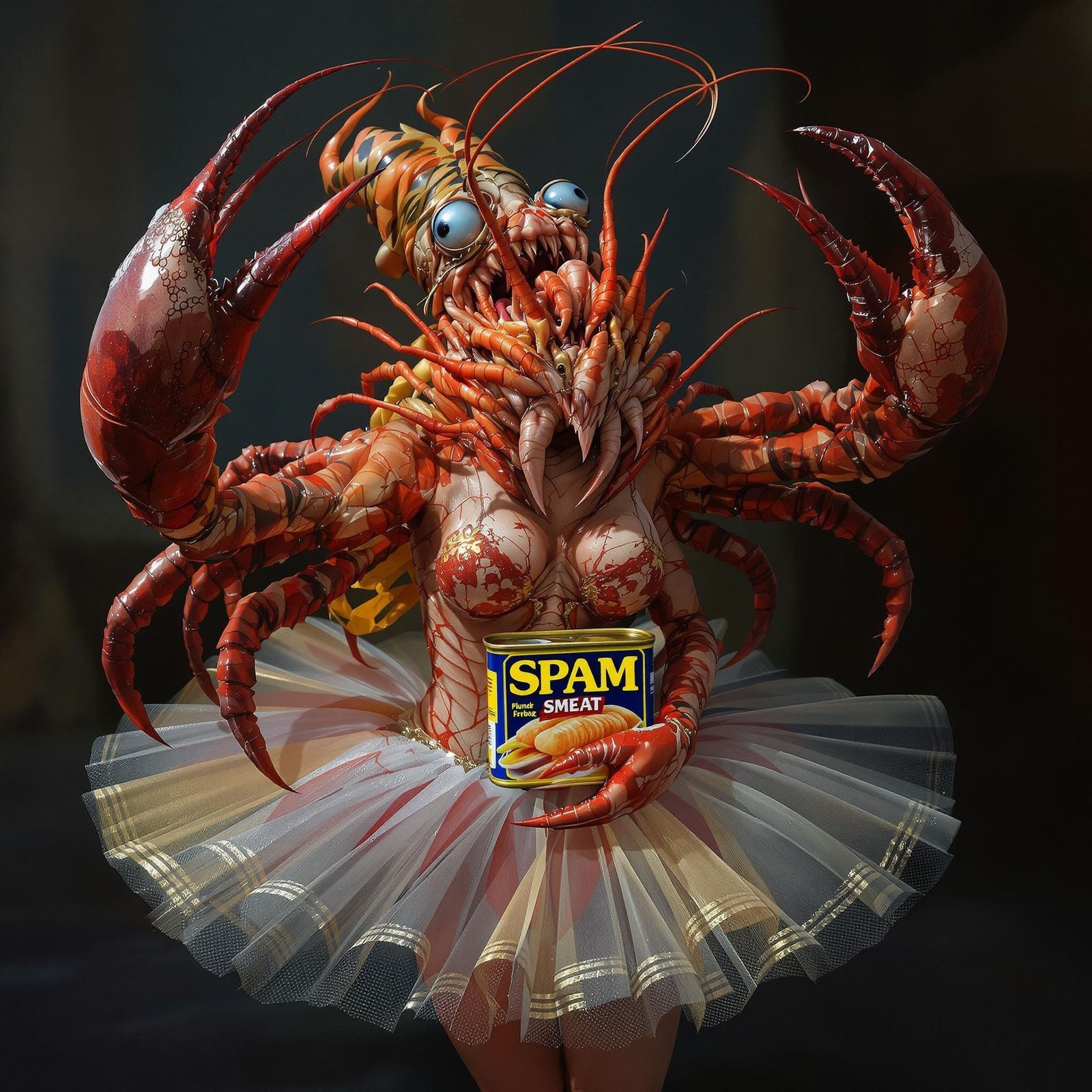 Crab Ballerina with Spam, in Dark Fantasy Style