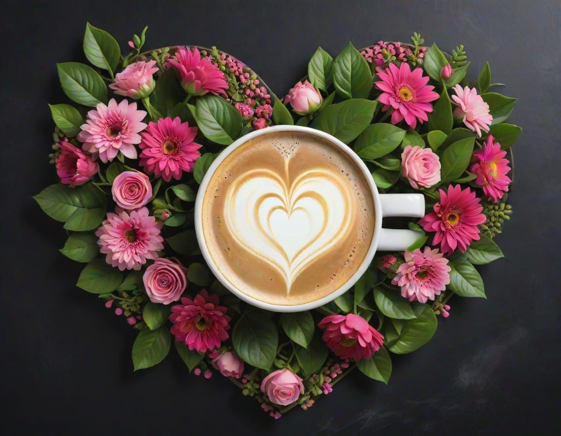 Romantic Pink Flower Arrangement with Coffee and Latte Art