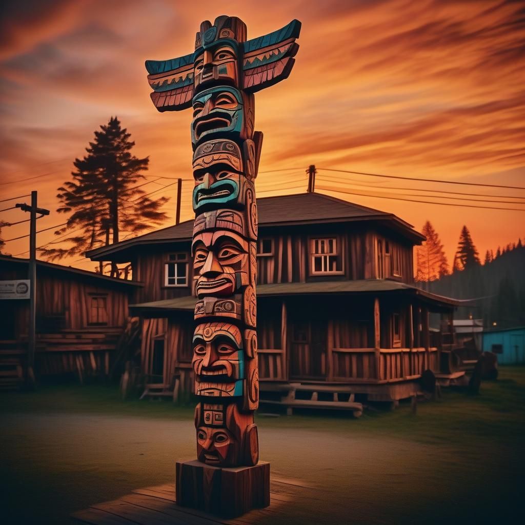 Detailed Carved Totem Pole at Sunset