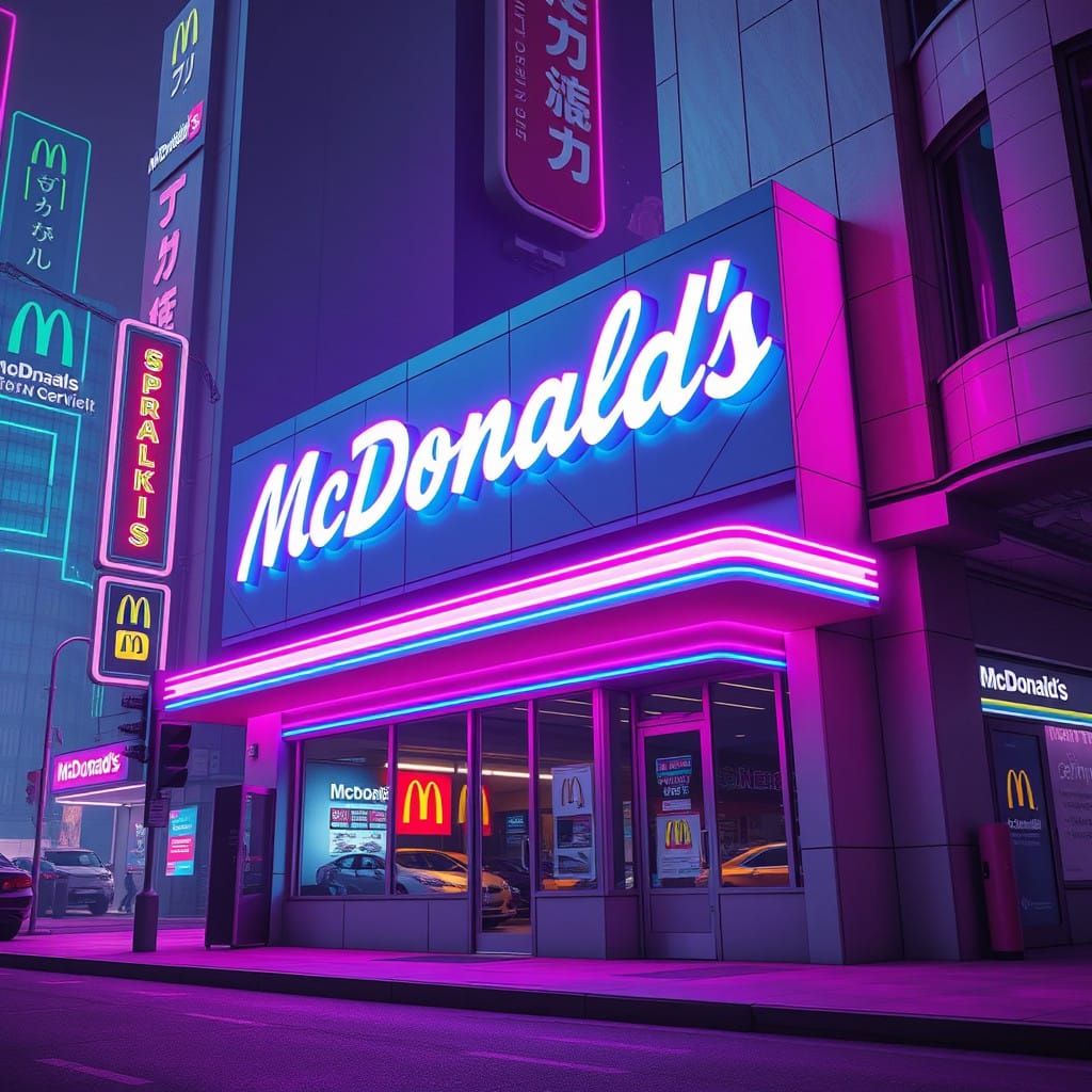 Neon McDonald's Storefront in Cyberpunk Cityscape