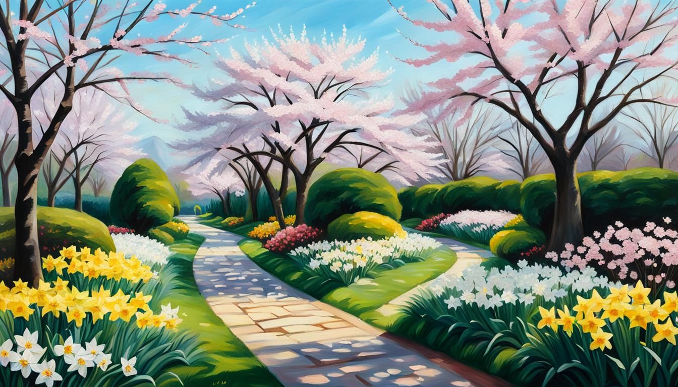 Cherry Blossoms and Daffodils in Realistic Oil Painting