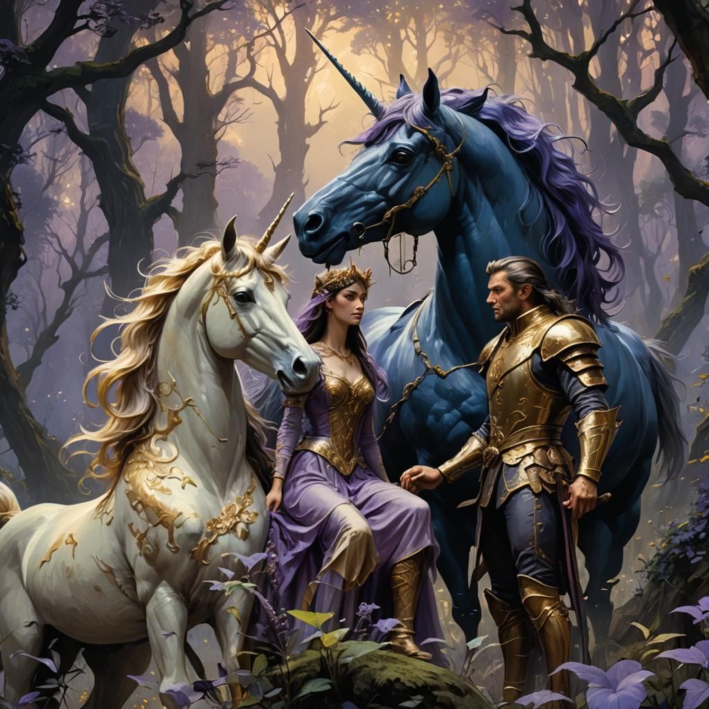 Unicorn, Lady, and Man in Mystical Forest