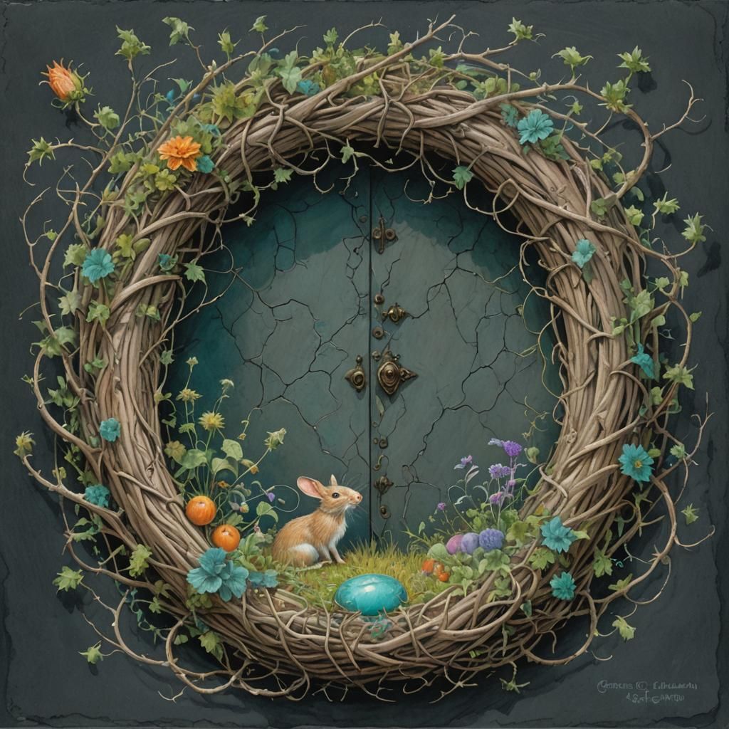 Magical Portal Pencil Sketch with Vines and Thistles