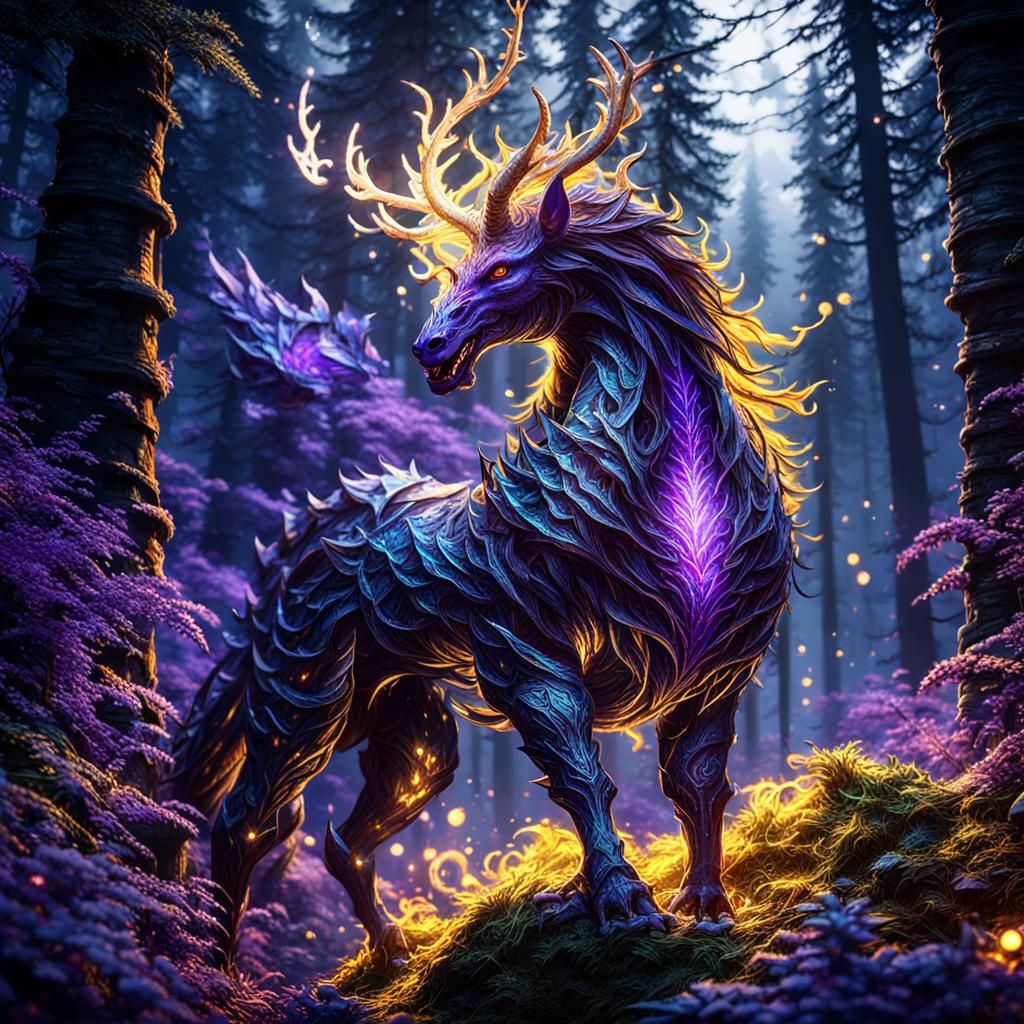 Mythical Creature in Sparkling Forest, Dark Fantasy Art