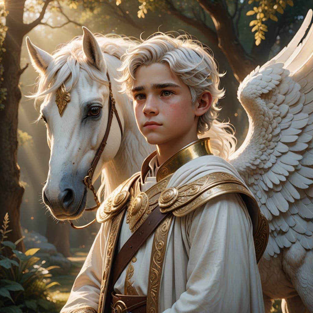 Ethereal Greek Youth with Pegasus in Whimsical Illustration ...