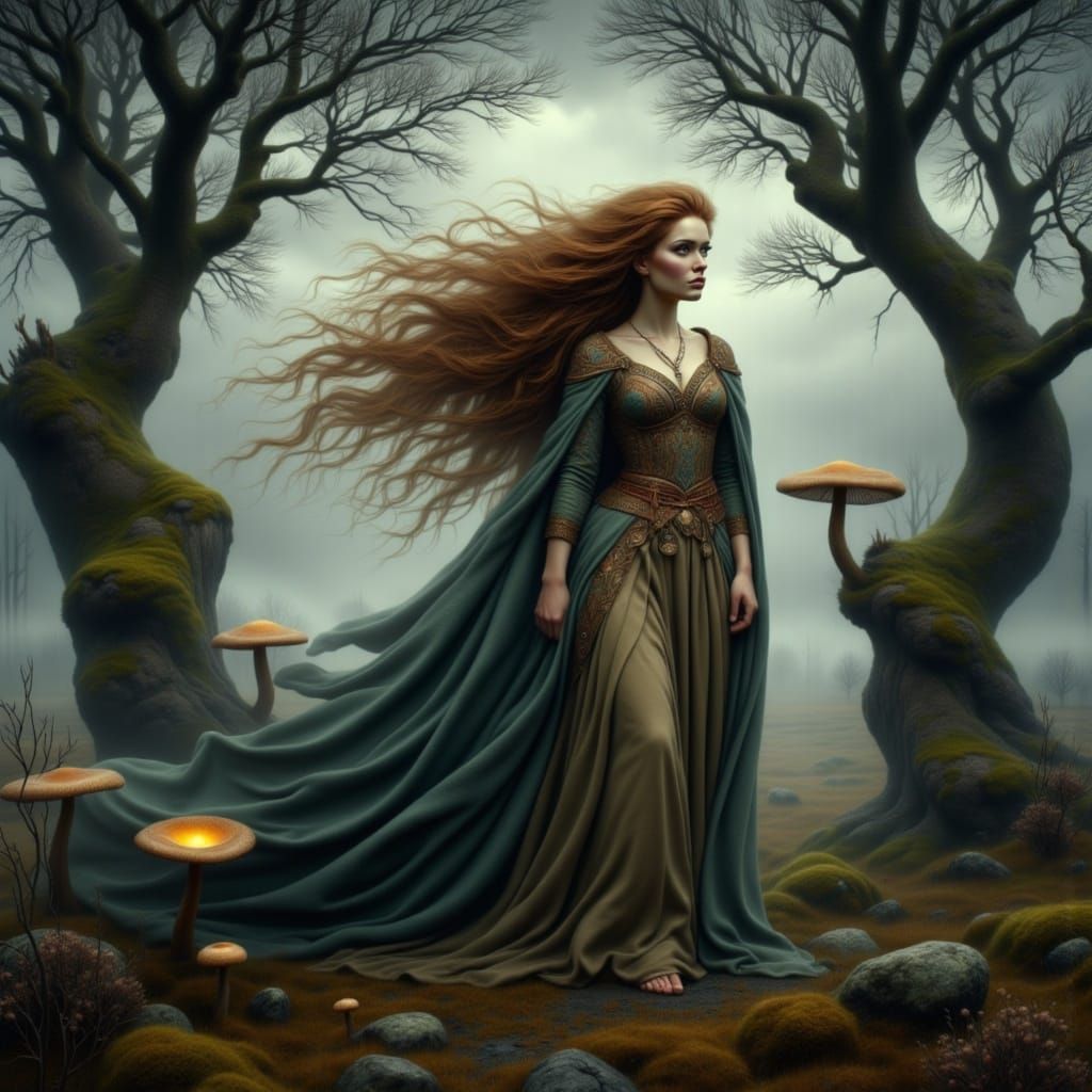 Ethereal Female Figure in a Mystical Moor Landscape