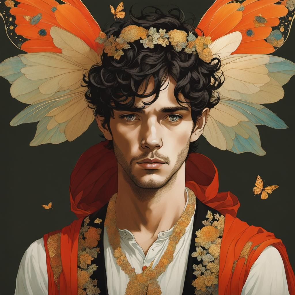 Ethereal Male Fairy with Wings in Art Nouveau Style