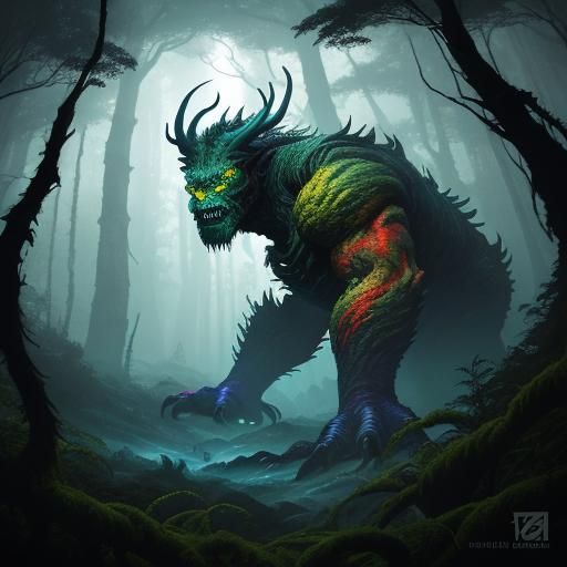 Bioluminescent Forest Monster in Dense Fantasy Setting