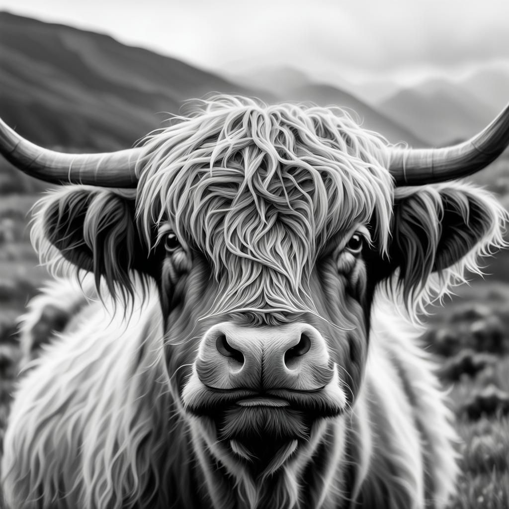 Highland Cow Portrait in Charcoal with Tongue Out