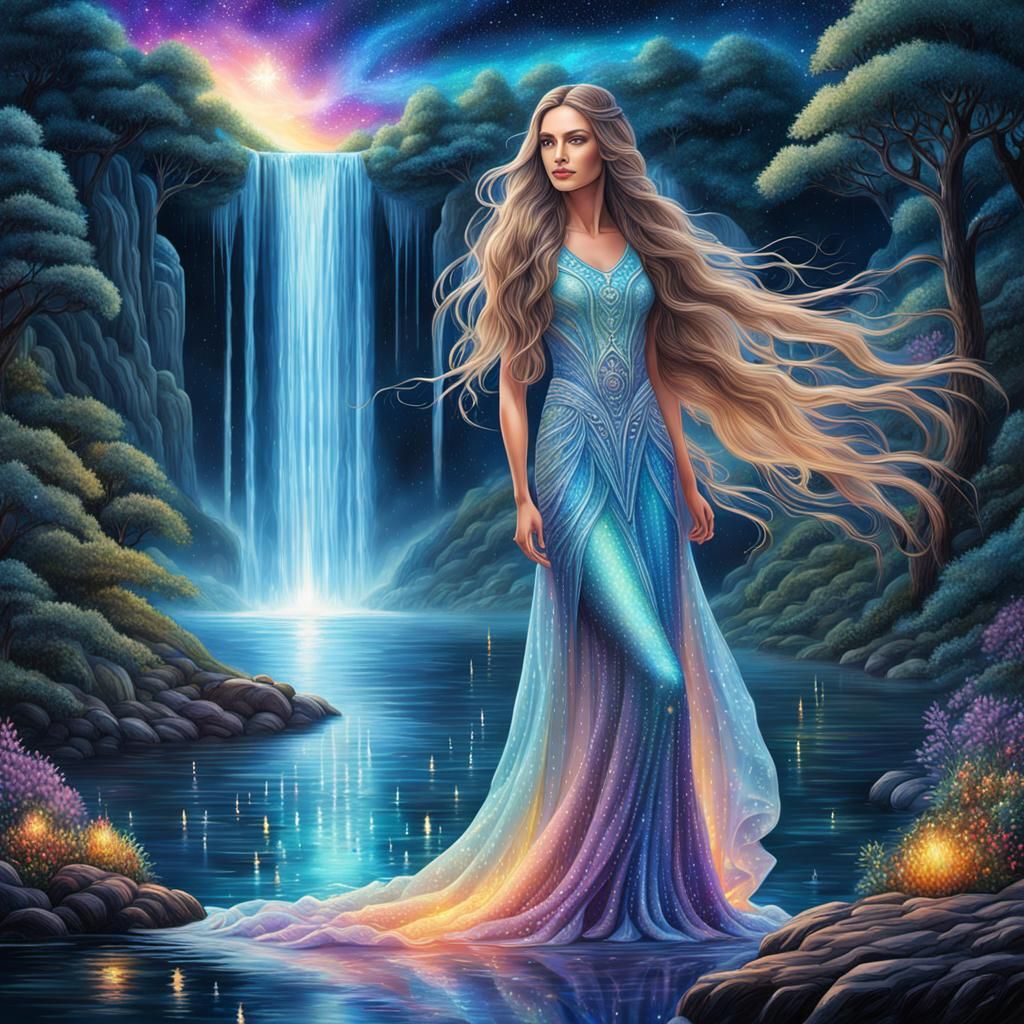 Woman by Waterfall Under Starry Night Sky