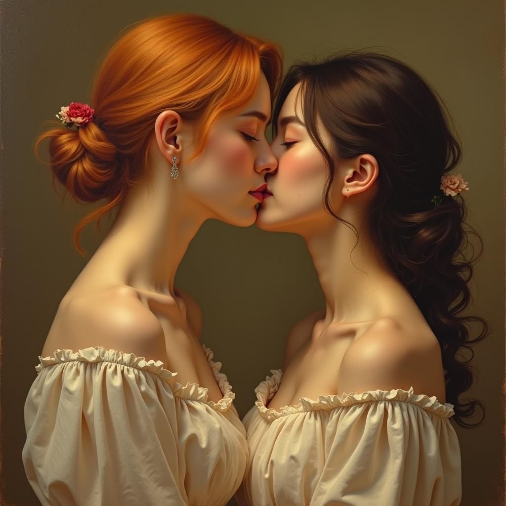 Romantic Oil Painting of Two Women Kissing