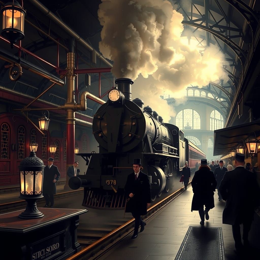 Steam-Powered Locomotive in Grand Victorian Train Station