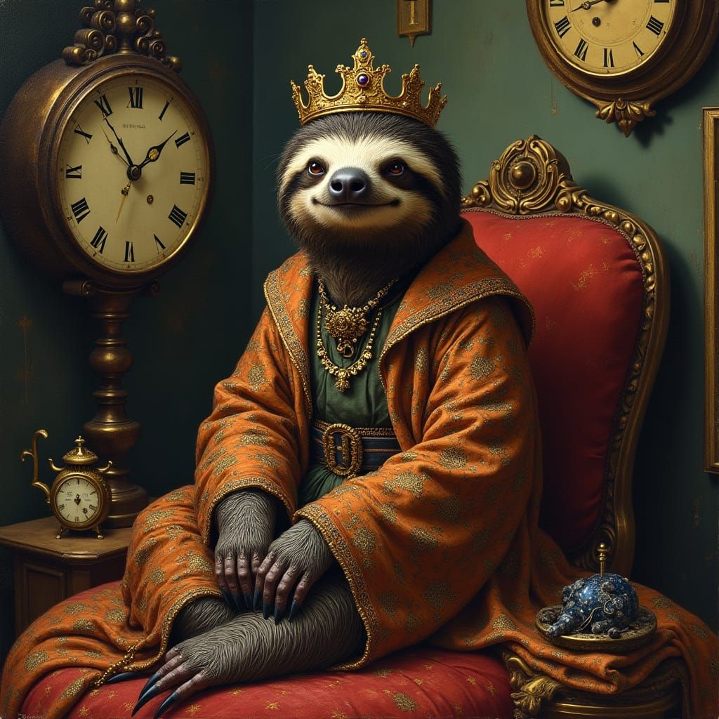 Crowned Sloth with Melting Clocks in Oil Painting Style
