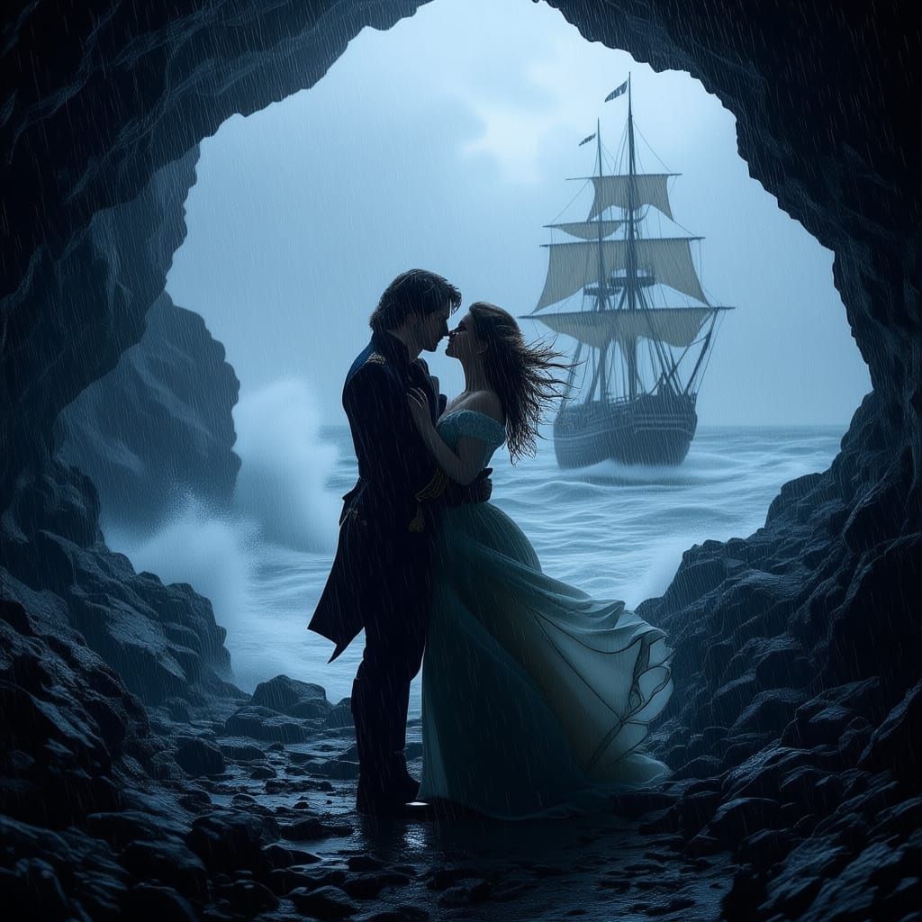 Naval Midshipman and Woman Embrace by Stormy Sea