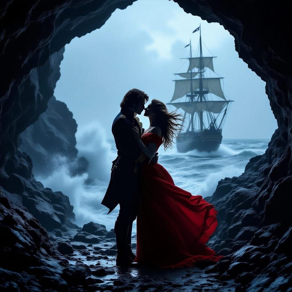 Romantic Embrace Before Stormy Sea in Cave