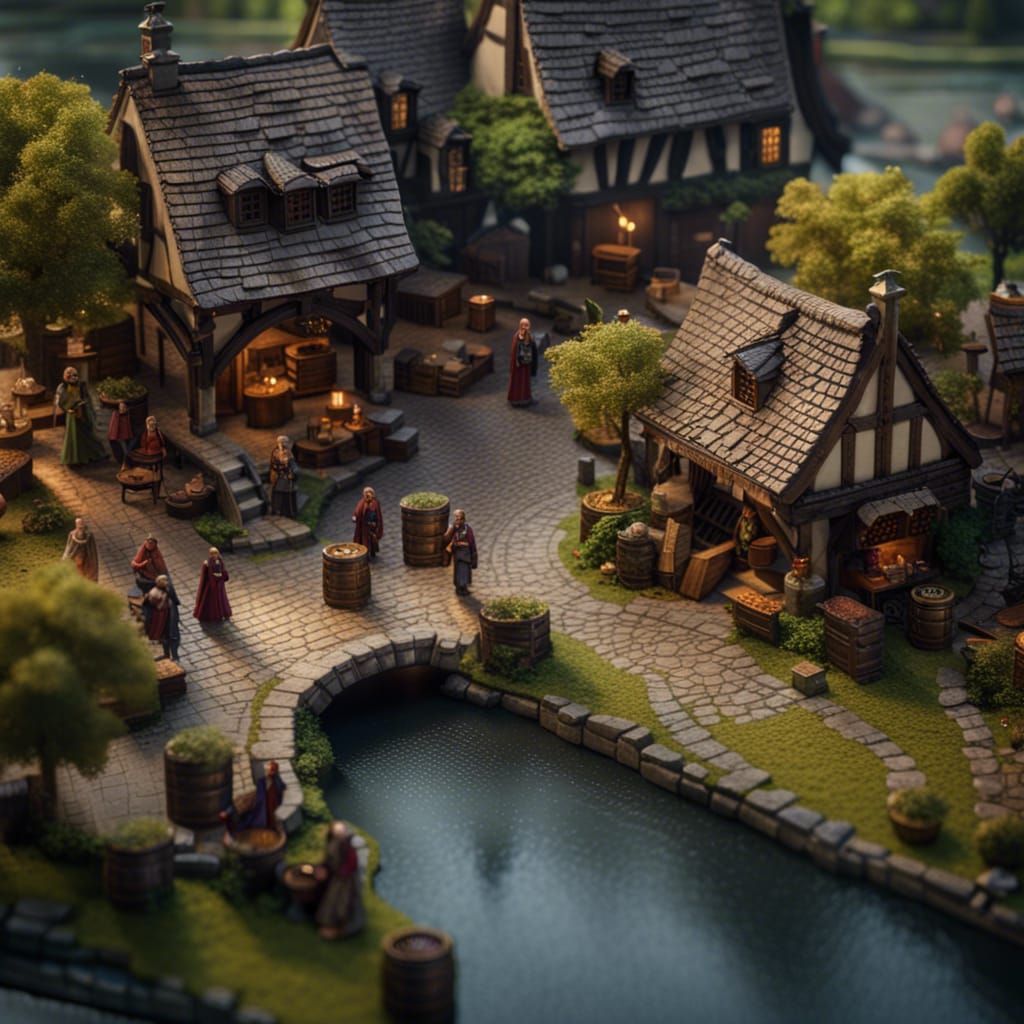 Fantasy Village Square After Rain, Diorama Style