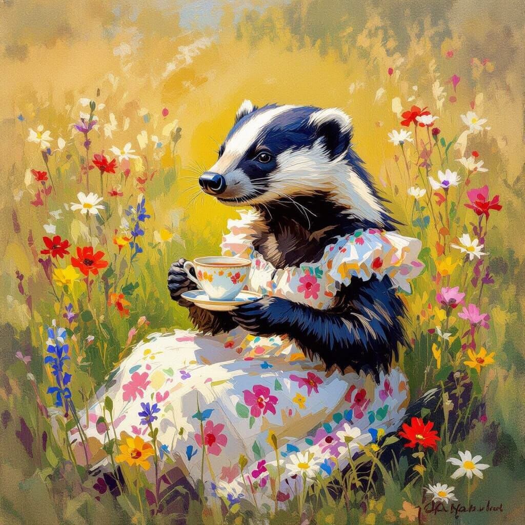 Honey Badger's Tea Party: An Impressionist Meadow Scene