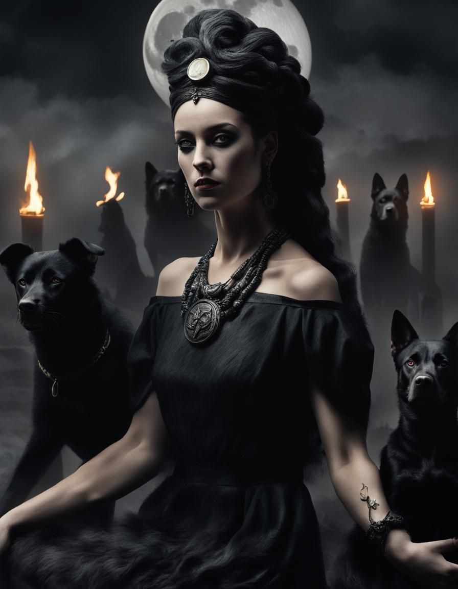 Hekate, Goddess of Magic, with Moon and Dogs