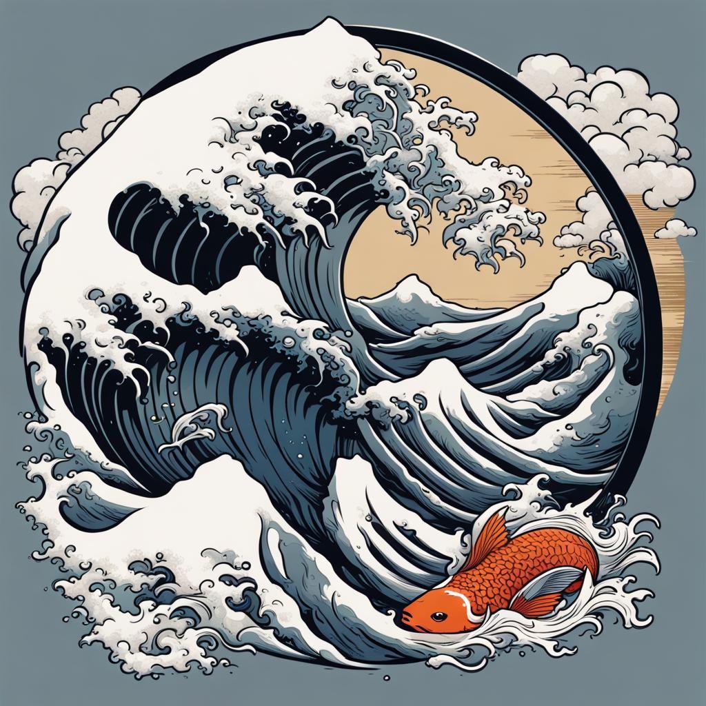 Yin Yang Koi Fish Great Wave Japanese Art Design