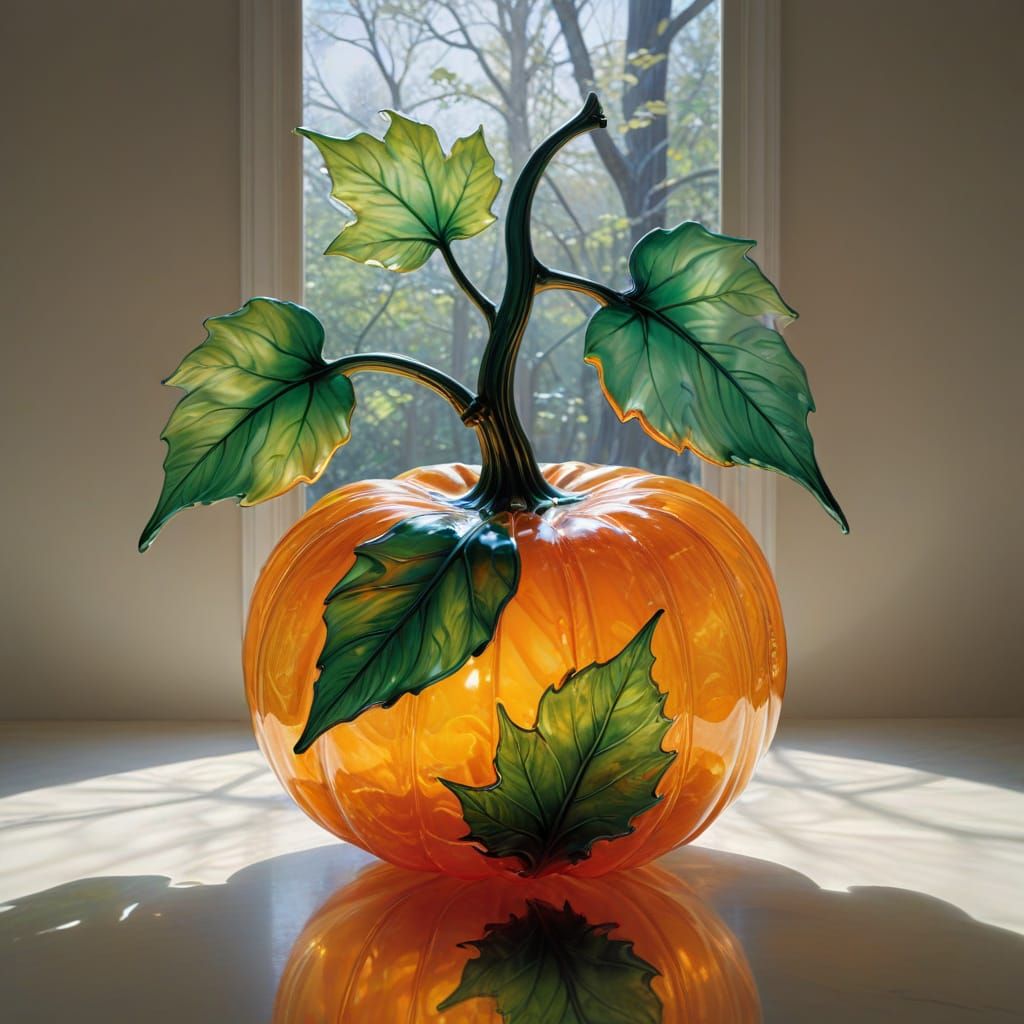 Translucent Glass Pumpkin with Iridescent Leaf