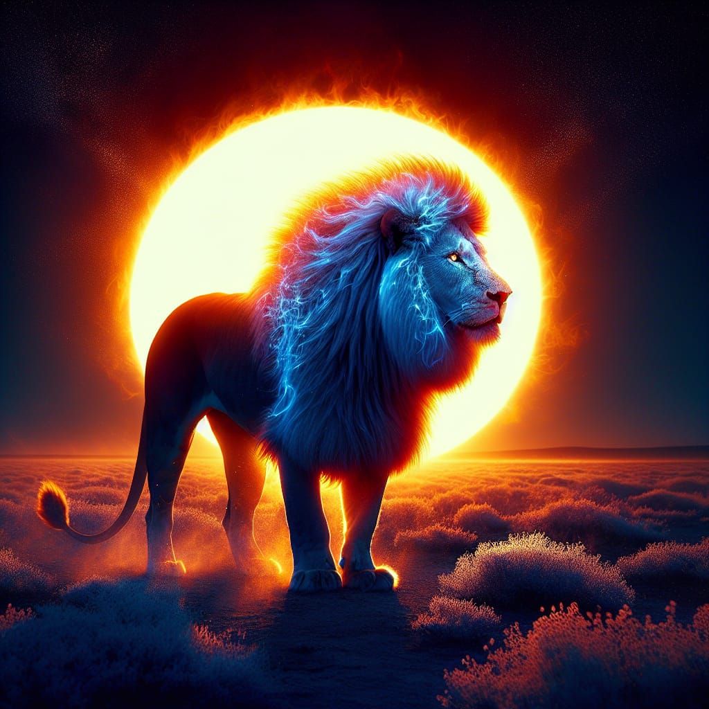 Blue Lion Bathed in Fiery Sunset on Savannah