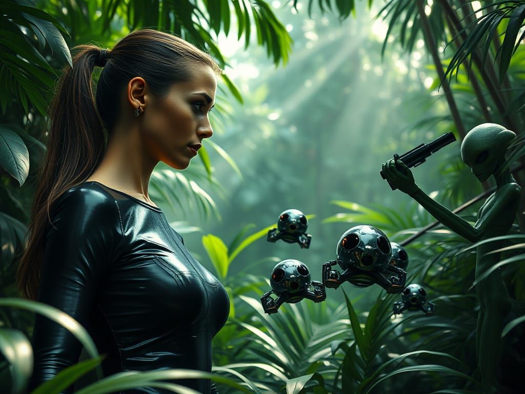 Alien Jungle Encounter in Hyperrealistic Style
