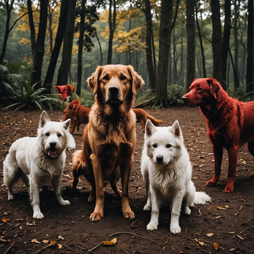 Five Colorful Dogs in Cinematic Style
