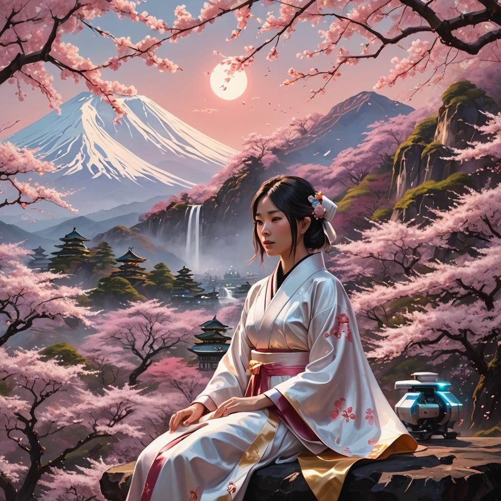 Japanese Girl on Robot Shoulder, Digital Art