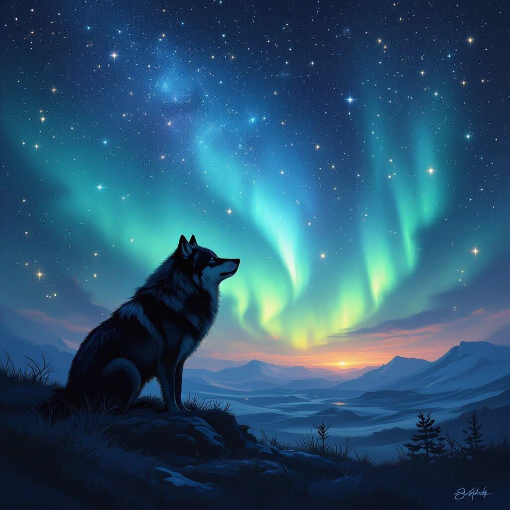 Lone Wolf Gazes at Starry Nebula and Aurora