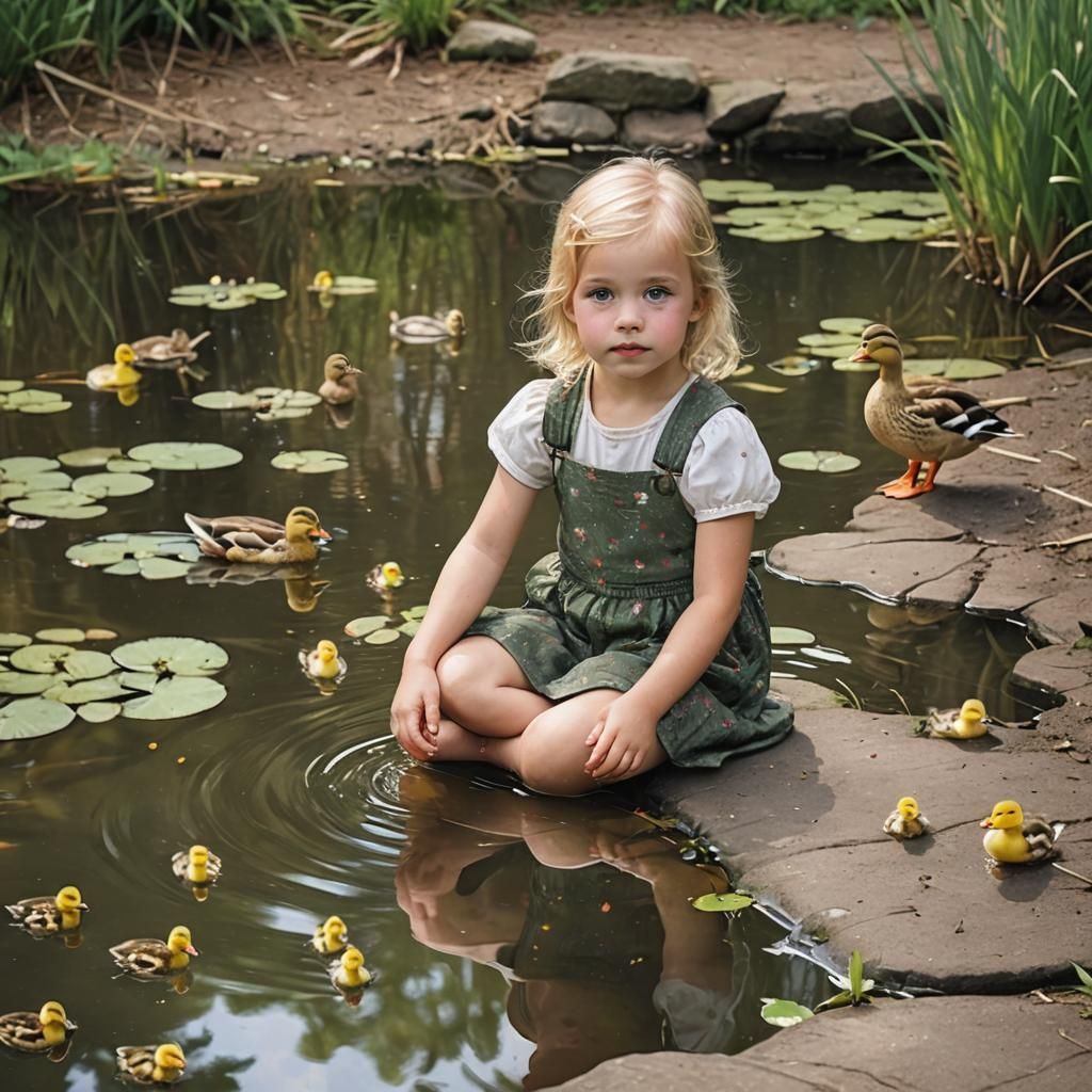 Girl by Pond Watching Ducks