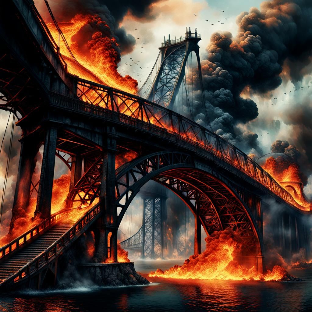 Burning Bridge Engulfed in Flames: Chaos and Destruction