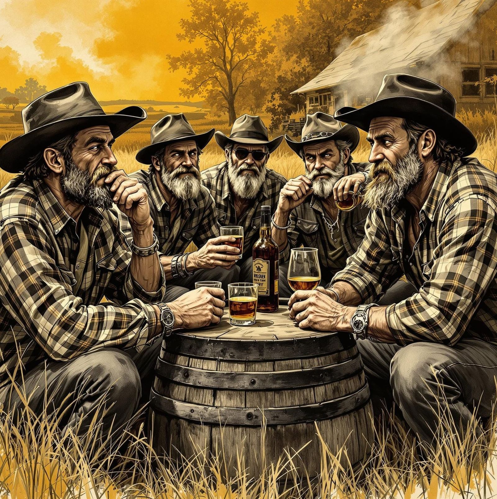 Detailed Charcoal Drawing: Good Old Boys Drinking