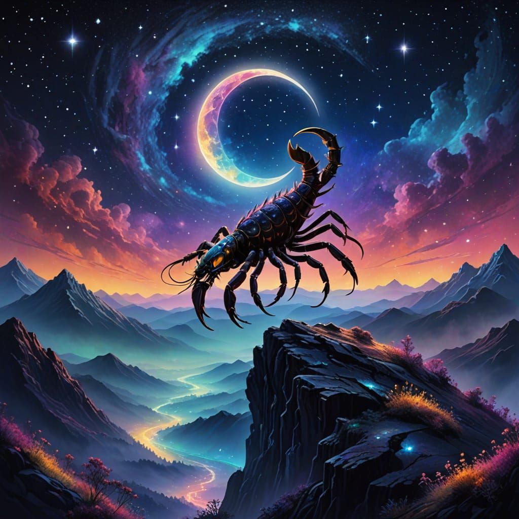 Surreal Cosmic Scorpion Ascends Astral Mountain