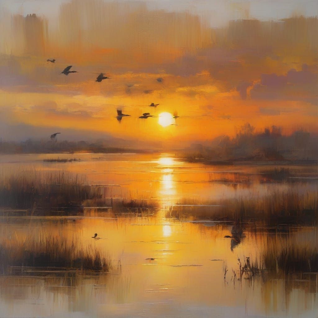 Golden Sunset with Flying Ducks and Bullrushes