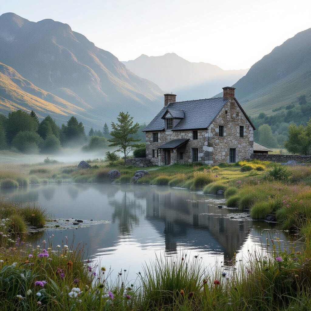 Rustic Stone Farmhouse by Mountain Pond at Sunrise