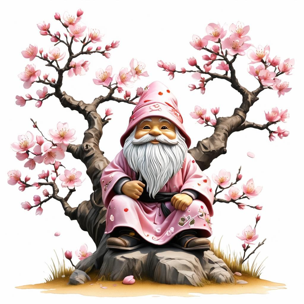 Gnome Under Cherry Blossom Tree in Sumi-e Style