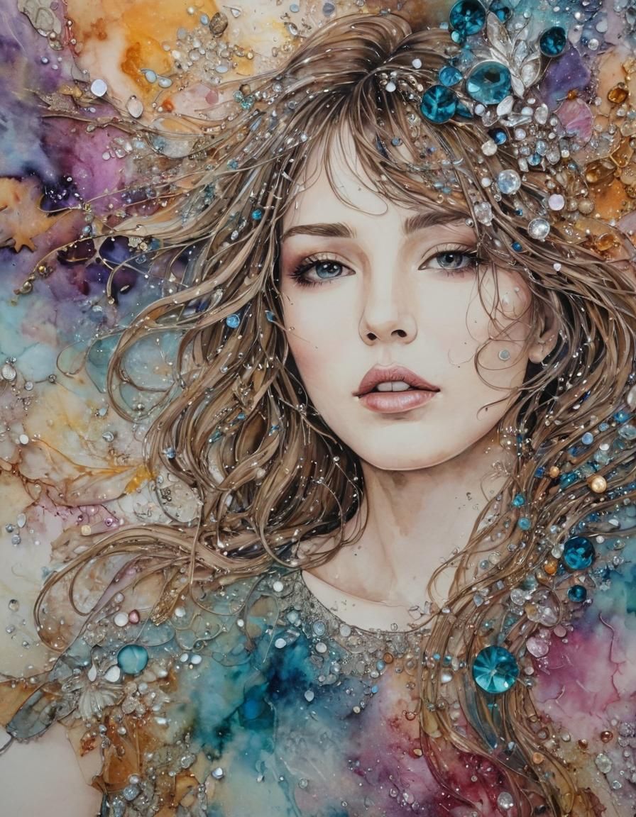 Abstract Mixed Media Masterpiece with Crystals and Ink