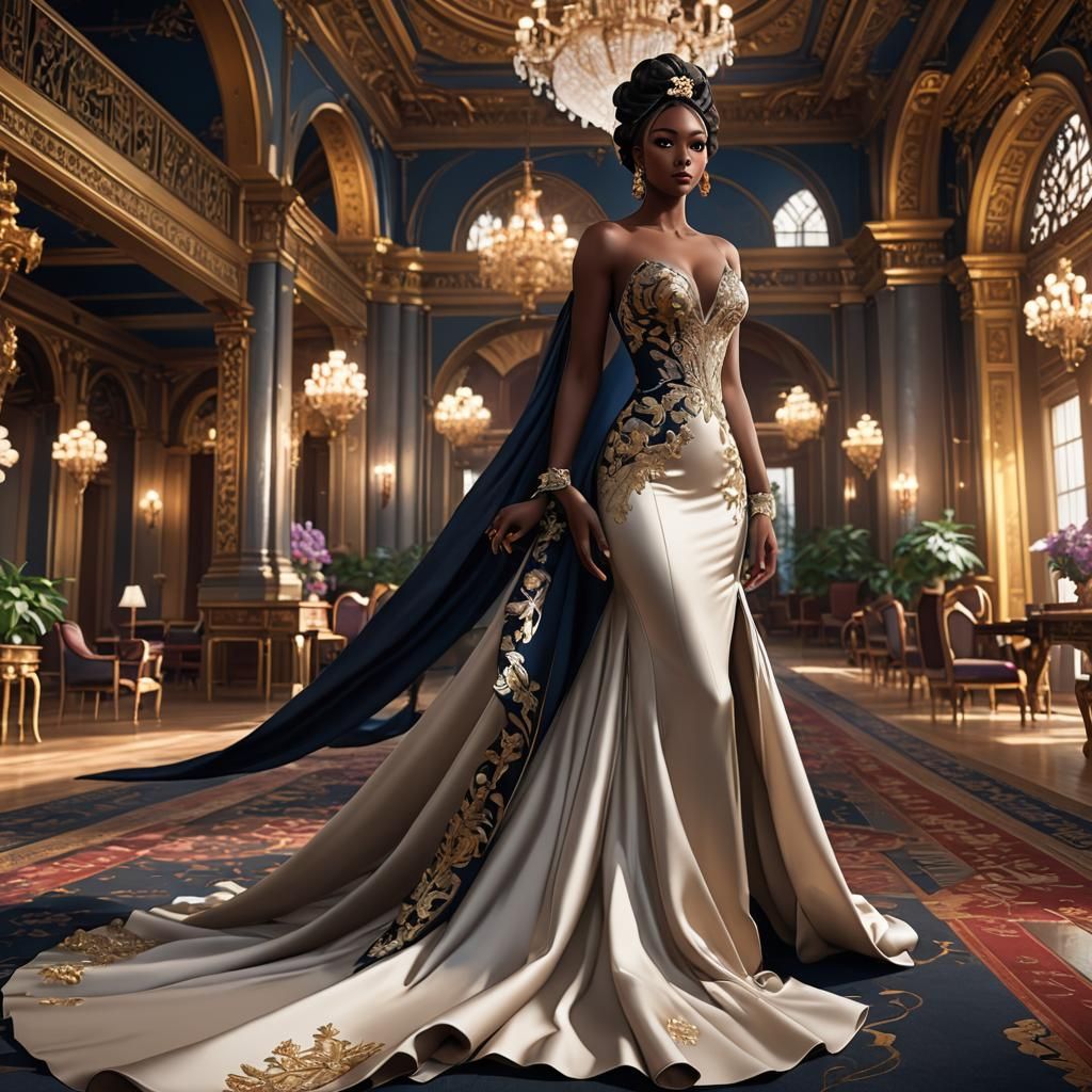 Elegant Dark-Skinned Woman in Ornate Ballroom as 3D Anime